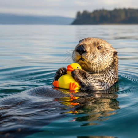 A playful sea otter is seen holding a colorful rubber duck in its paws. The otter appears happy and curious, with its fur glistening and its eyes focused on the toy. The image captures a moment of innocent joy and interaction between the marine mammal and the whimsical object.の素材
