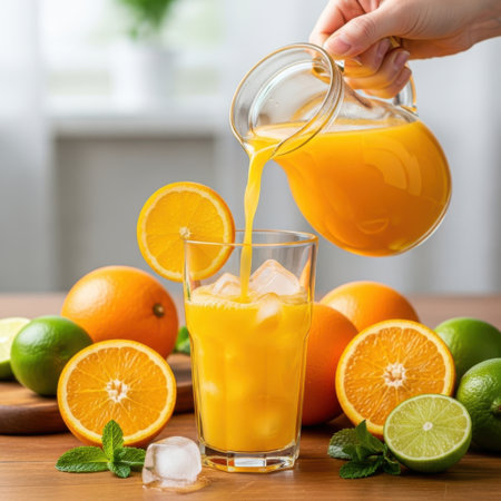 A hand is pouring freshly squeezed orange juice from a glass pitcher into a tall glass filled with ice. Surrounding the glass are several whole oranges, lime halves, and mint leaves, creating a vibrant and refreshing scene.の素材