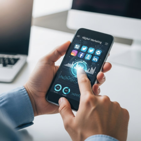 The image depicts a person holding a smartphone, actively engaging with a digital marketing analytics dashboard. The screen displays various social media icons and graphs, indicating an analysis of digital marketing metrics. The user is interacting with a circular chart, likely reviewing performance data.の素材