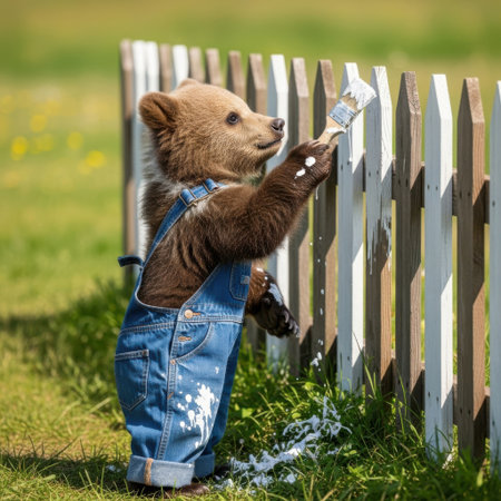 A young bear cub, dressed in blue overalls, is holding a paintbrush and appears to be painting. The cub is standing upright, holding the paintbrush with both hands, and seems to be engaged in a creative activity. The overalls are slightly stained with paint, suggesting that the cub has been painting for some time.の素材