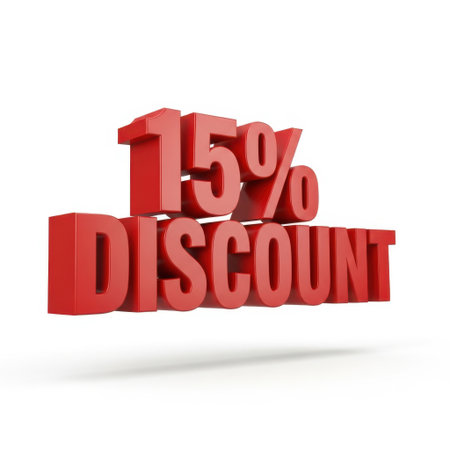 This image features a bold, red, three-dimensional text that reads '15% DISCOUNT'. The text is prominently displayed against a plain white background, making it stand out clearly. The design is simple and eye-catching, intended to attract attention to a special discount promotion.の素材