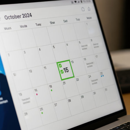 The image shows a digital calendar displayed on a screen, highlighting the month of October 2024. The calendar is open to the 15th, which is marked with a green box and a checkmark, indicating a significant event or reminder. The days surrounding the 15th are also visible, showing dates from the 1st to the 30th. The calendar interface includes options for different modes and views, suggesting it is part of a digital device or application.の素材