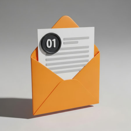 An orange envelope is open, revealing a letter with visible text and a black circular stamp with the number 01 on it. The envelope is slightly tilted to the right, and the letter is partially pulled out, suggesting it has just been opened or is about to be read.の素材