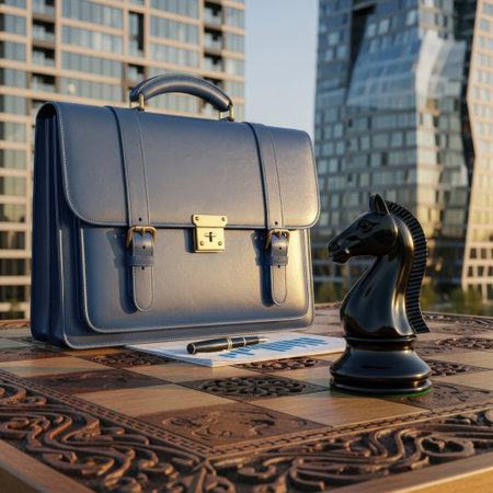 The image features a blue leather briefcase with gold accents, a pen, and a sheet of paper beside it. Next to the briefcase is a black chess piece, specifically a knight, symbolizing strategic planning and business tactics. The briefcase represents professionalism and business, while the chess piece signifies strategic thinking and calculated moves.の素材