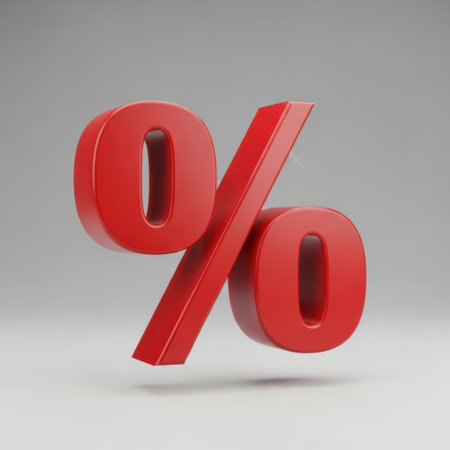 A three-dimensional rendering of a red percent symbol, consisting of two zeroes with a diagonal slash between them. The symbol is set against a plain white background, giving it a prominent and bold appearance.の素材