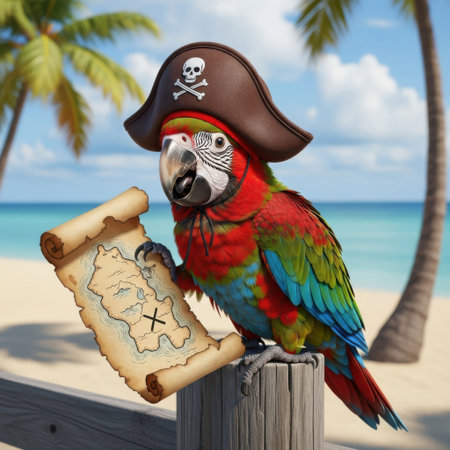 A vibrant parrot wearing a pirate hat is perched on a stand, holding a rolled-up treasure map with an 'X' marking a spot. The parrot has colorful feathers in shades of red, green, and blue, and the pirate hat features a skull and crossbones emblem.の素材