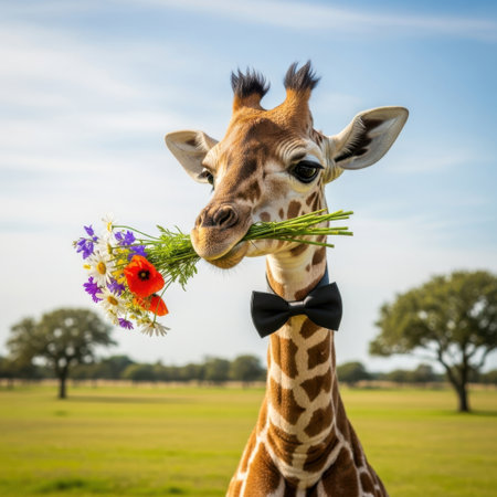 A giraffe with a black bowtie is elegantly holding a colorful bouquet of flowers in its mouth. The bouquet consists of various flowers including red poppies, purple flowers, and yellow blooms. The giraffe's long neck and gentle expression add to the charm of the image.の素材