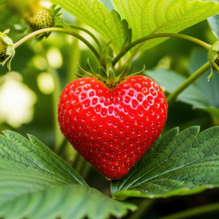 A ripe, red strawberry with green leaves and stem is prominently displayed. The strawberry is plump and vibrant, with a glossy surface and small seeds visible on its skin. The green leaves are fresh and slightly curled, adding to the overall appeal of the image.の素材