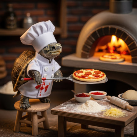 A whimsical image of a tortoise dressed as a chef, meticulously preparing a pizza. The tortoise wears a white chef's hat and jacket, adorned with a red stain, and holds a spatula with a pizza topped with tomato sauce and cheese. Surrounding the tortoise are various ingredients and tools, including flour, sauce, cheese, and a rolling pin, all set on a wooden table.の素材