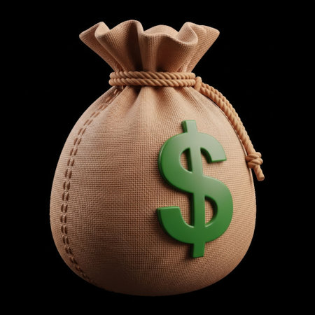 The image features a brown burlap sack with a large green dollar sign prominently displayed on the front. The sack is tied with a rope at the top, suggesting it is filled with money. The dollar sign is three-dimensional, adding depth to the image. The background is plain white, which makes the brown sack and green dollar sign stand out clearly.の素材