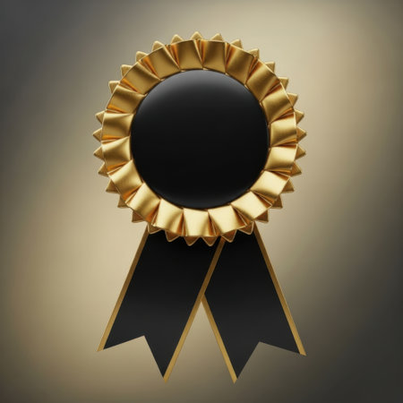 This image depicts a golden ribbon award with a black center. The ribbon is intricately designed with a series of overlapping petal-like segments that radiate outward from the center, giving it a sun-like appearance. The black center is smooth and circular, providing a stark contrast to the golden hue of the ribbon. The ribbon is attached to two black ribbons that extend downward, tapering to a point at the bottom. The overall design conveys a sense of achievement and recognition.の素材