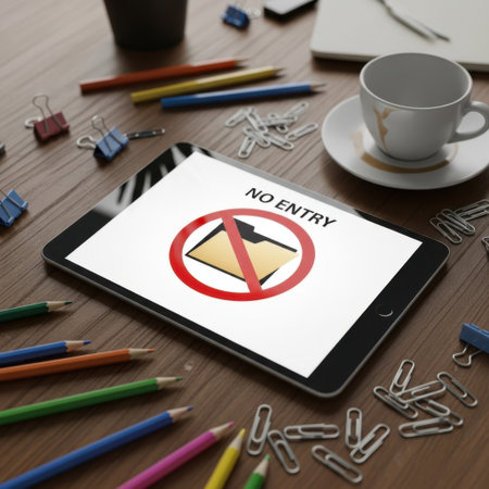 The image shows a tablet displaying a 'no entry' sign with an envelope icon crossed out. Beside the tablet, there is a coffee cup with a saucer and some scattered paperclips on the table. The setting appears to be a workspace or an office environment.の素材