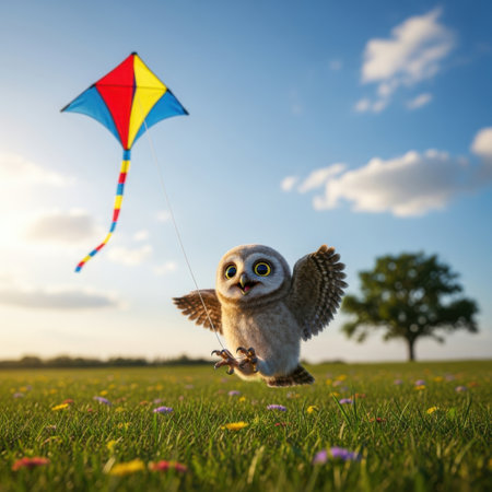 A charming illustration of an owl in mid-flight, holding onto a string attached to a colorful kite. The owl appears to be enjoying the activity, with its wings spread wide and eyes focused ahead. The kite is vibrant, featuring red, yellow, and blue sections, adding a playful element to the scene.の素材