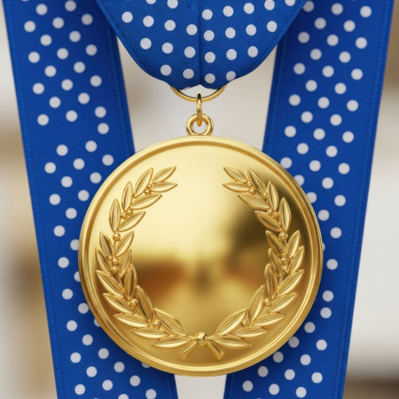 This image features a golden medal adorned with a laurel wreath at its center. The medal is suspended from a blue ribbon with white polka dots. The laurel wreath, a symbol of victory and honor, is intricately designed with detailed leaves. The medal itself has a smooth, reflective surface, and the ribbon adds a touch of color and festivity.の素材