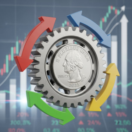 The image depicts a gear mechanism with a coin at its center. The coin is a United States quarter, featuring a profile of a person on one side and the year 2023. Surrounding the gear are three colorful arrows in red, blue, and green, each pointing in different directions, suggesting motion or interaction. The gear appears to be metallic and is intricately designed with teeth that mesh with the surrounding arrows.の素材