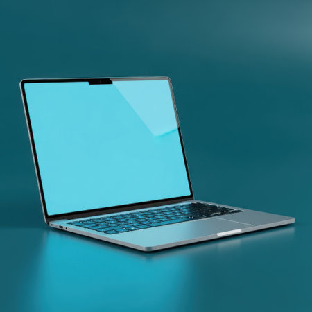 Laptop with blank screen isolated on blue background. 3d renderの素材
