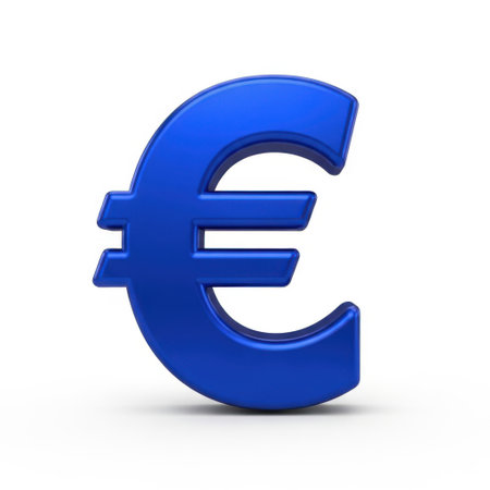 The image features a three-dimensional blue euro currency symbol. The symbol is prominently displayed against a white background. The euro symbol is rendered in a bold, metallic blue color with a slight gradient, giving it a three-dimensional appearance.の素材