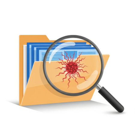 Magnifying glass on folder with viruses and files. Vector illustration.の素材