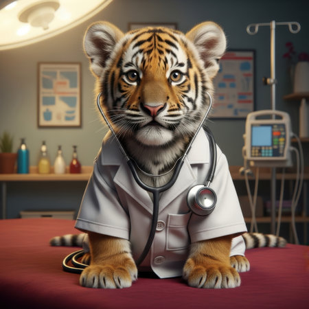 A cute tiger cub wearing a white lab coat and holding a stethoscope, symbolizing a young and playful doctor. The cub has bright, curious eyes and is sitting upright, giving an impression of professionalism and innocence combined.の素材