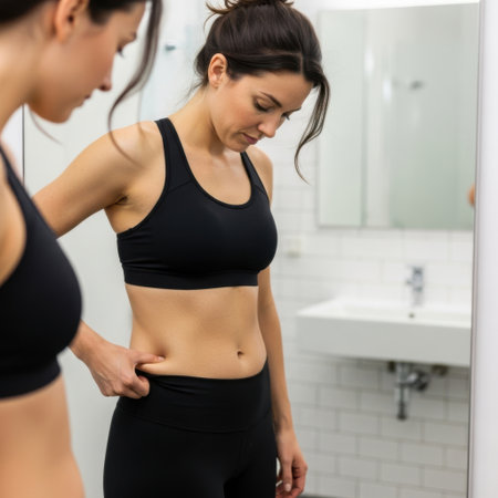 The image shows a woman standing with her eyes closed while another person measures her waist. The woman being measured is wearing a black sports bra and black leggings, and she appears to be in a gym or fitness setting. The person measuring her waist is also dressed in athletic wear.の素材