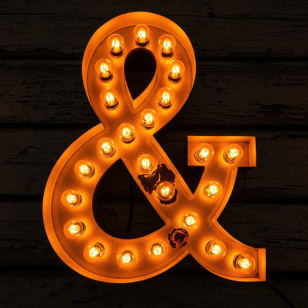 The image depicts a large, orange ampersand sign illuminated with numerous small light bulbs. The sign is three-dimensional and stands out against a plain white background. The light bulbs are arranged in a grid-like pattern, giving the sign a vibrant and eye-catching appearance. The ampersand is designed with a retro style, reminiscent of vintage marquee signs.の素材