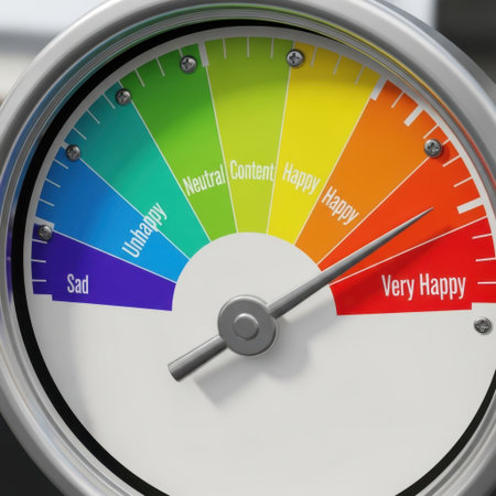 The image shows a colorful gauge with a needle pointing to the 'Very Happy' section. The gauge is divided into multiple segments representing different emotional states, ranging from 'Sad' on the left to 'Very Happy' on the right. The segments include Sad, Unhappy, Neutral, Content, Happy, and Very Happy, each marked with a distinct color gradient.の素材