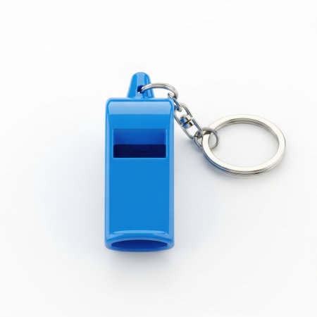 The image shows a blue plastic whistle attached to a keychain. The whistle is cylindrical with a small opening at the top and a larger mouthpiece at the bottom. It is connected to a metal keyring with a split ring design, making it easy to attach to a set of keys. The whistle is designed for convenience and portability, ideal for use in various situations where a whistle might be needed.の素材