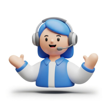 The image depicts a friendly customer support representative wearing a blue and white uniform, headset, and microphone. The individual has a cheerful expression and is gesturing with both hands open, indicating readiness to assist or welcome. The background is plain white, putting the focus entirely on the representative.の素材