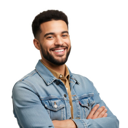 The image features a young man with shorts, curly hair and a beard. He is wearing a light blue denim jacket over a brown shirt. His arms are crossed, and he is smiling warmly at the camera. The background is plain white, putting the focus entirely on him.の素材