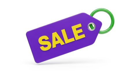 The image features a vibrant purple sale tag with the word 'SALE' written in bold yellow capital letters. The tag is attached to a green ring, suggesting it is ready to be hung for display. This type of tag is commonly used in retail stores to attract customers' attention to discounted items.の素材