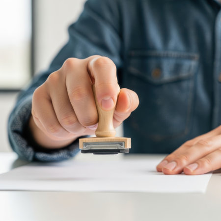 A person wearing a denim shirt is stamping an official document with a wooden stamp. The document is placed on a white surface, and the person's hand is clearly visible holding the stamp. The action suggests a formal or administrative process.の素材