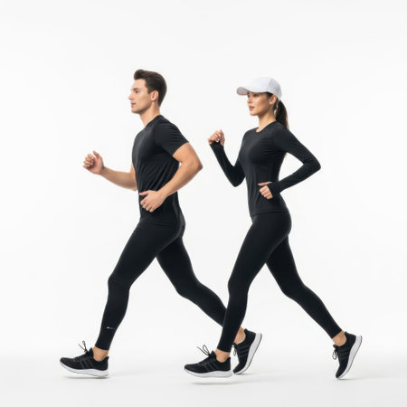 A man and a woman are running side by side, both dressed in athletic wear. The woman is wearing a white cap and the man has short hair. They appear to be engaged in a fitness activity, possibly jogging or running on a track.の素材