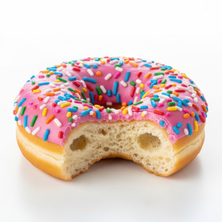 A close-up image of a delicious pink frosted donut adorned with colorful sprinkles. The donut has a bite taken out of it, revealing its soft, fluffy interior. The vibrant pink icing contrasts beautifully with the multi-colored sprinkles, making it an appealing treat.の素材