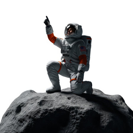 An astronaut in a white and orange spacesuit is kneeling on a large, gray moon rock. The astronaut is pointing upwards with their right hand, possibly indicating something in the distance. The background is a stark white, emphasizing the astronaut and the rock.の素材