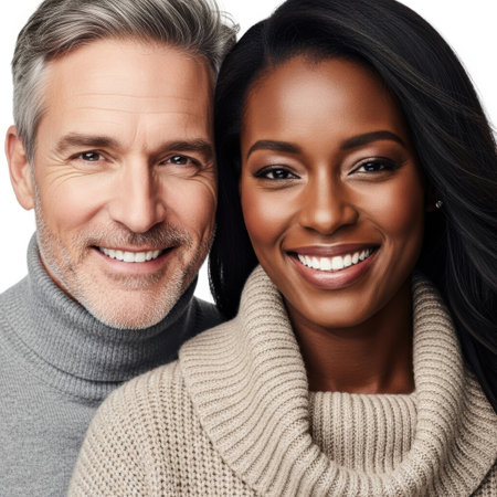 The image depicts a close-up of a smiling couple in a warm embrace. The man has gray hair and is wearing a gray turtleneck, while the woman has dark hair and is wearing a beige knitted sweater. Both individuals are looking directly at the camera with genuine smiles, exuding happiness and affection.の素材