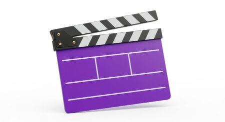 A vibrant purple film clapperboard with black and white stripes at the top, typically used in film production to mark the start of a scene. The clapperboard is positioned upright against a plain white background.の素材