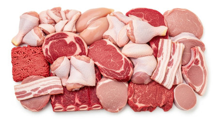 This image features a variety of fresh meats neatly arranged on a white surface. The selection includes different cuts of beef, pork, and chicken. The beef cuts are prominently displayed in the center, while chicken pieces are organized on the right. Pork products, including bacon and ham, are visible on the left. The meats are raw and ready for cooking, offering a diverse range of options for various culinary dishes.の素材
