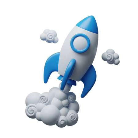 A 3D-rendered image of a blue and white rocket launching into space, leaving a trail of smoke behind. The rocket is depicted with a sleek design, and the smoke trails form circular patterns as it ascends.の素材