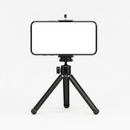 A smartphone is securely mounted on a compact tripod with a ball head mount. The tripod has three extended legs providing stability. The setup is ideal for photography, videography, or live streaming.の素材