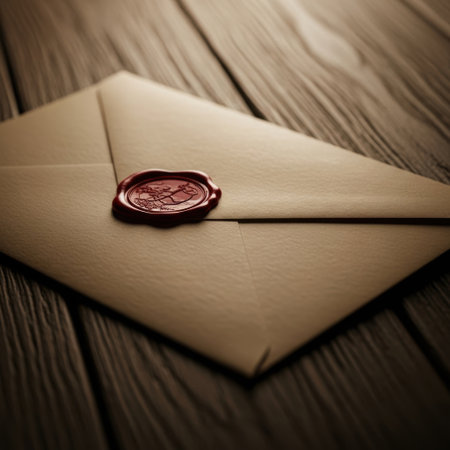 The image depicts a single, cream-colored envelope remaining on a wooden surface. The envelope is sealed with a red wax seal featuring an intricate design. The overall tone of the image is warm and vintage, evoking a sense of nostalgia and formality.の素材