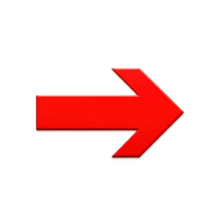 The image depicts a bold, red arrow pointing to the right. The arrow is simple and straightforward, with a clean design against a white background. It is a common symbol used for direction and guidance.の素材