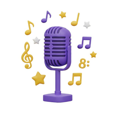 A vibrant purple microphone stands prominently in the center, surrounded by various musical elements. Golden stars, musical notes, and treble clefs float around the microphone, creating a lively and dynamic scene. The image conveys a sense of creativity, performance, and the joy of music.の素材