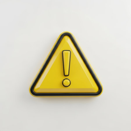 This image features a bright yellow triangular warning sign with a black exclamation mark in the center. The sign has a black border and is set against a plain white background. The exclamation mark is prominently displayed, indicating a caution or alert.の素材