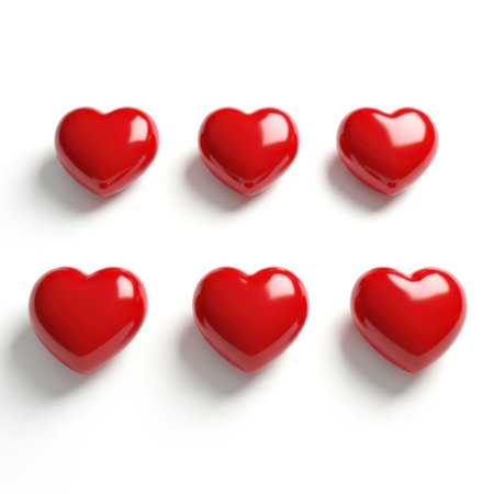 This image features six heart-shaped objects arranged in two rows of three. Each object is a vibrant red color and appears to be made of a shiny, reflective material. The hearts are evenly spaced and aligned, creating a symmetrical and balanced composition.の素材