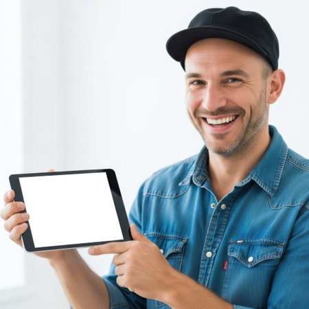 A smiling man wearing a black cap and blue denim shirt is holding a tablet with a blank screen. He appears to be in a bright, well-lit room with a white background.の素材