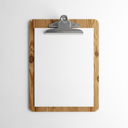 A wooden clipboard with a metal clip is shown against a plain background. The clipboard appears to be empty, with no paper or writing on it. The wood has a natural, unfinished look, and the metal clip is silver and securely fastened.の素材