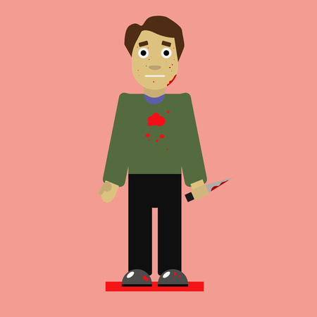 Man in bloody clothes with a knifeのイラスト素材