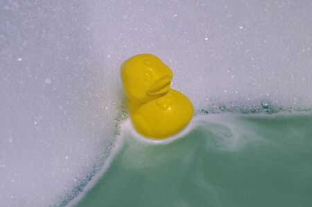 Yellow baby duck swims in the bathroom in plenty of foamの写真素材