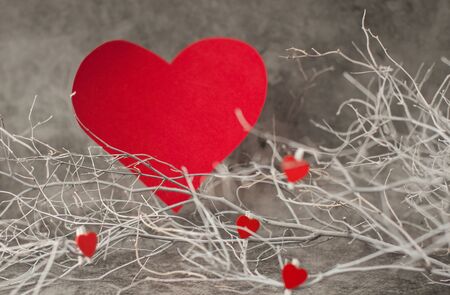 Holiday background for Valentine's Day on a gray cement background with white painted branches and a sheet of paper for text and red hearts.の写真素材