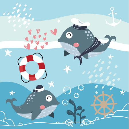 Blue whale Marine couple vectorのイラスト素材
